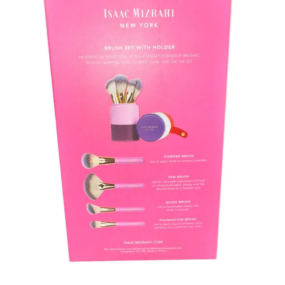 Isaac Mizrahi Makeup Brush Set With Holder Pink Powder Fan Blush Foundation New